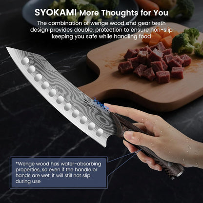 SYOKAMI Meat Cleaver Chef Knife, 7.7 Inch Multifunction Butcher Knife with Herb Stripper and Sheath, Chinese Cleaver Heavy Duty Bone Chopper, Meat Cutting, Damascus Pattern Full Tang Wood Handle
