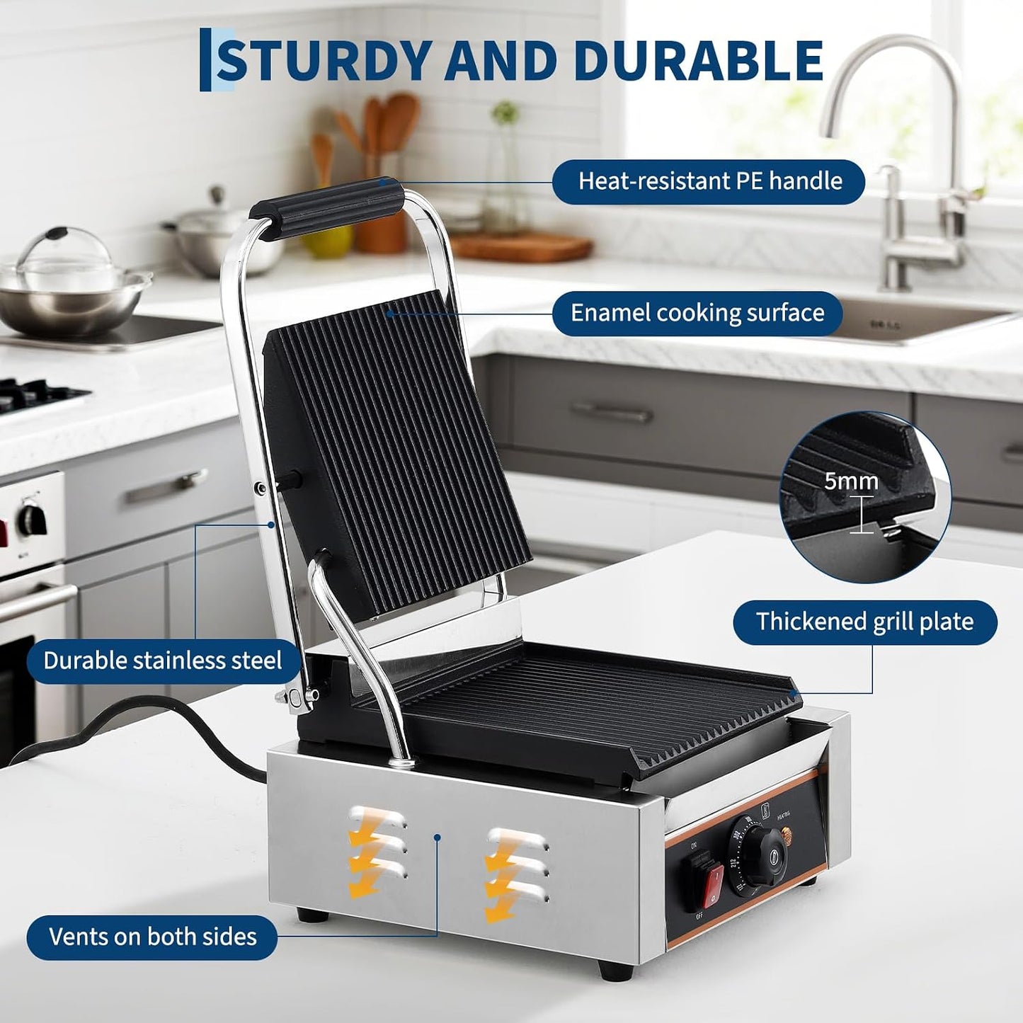 1800W Commercial Panini Press Grill - Stainless Steel Sandwich Maker - 9"x9" Full Grooved Surface - 6 Temp Settings - Ideal for Burgers, Steaks, Cafés - 110V, American Plug - Size: 6-Level