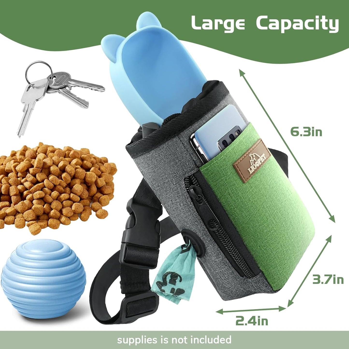 Upgraded Large-Sized Dog Treat Pouch with Waist Clip - Fashionable Green&Grey Design - Large Capacity Treat Bag for Dog Walks,Outdoor Activities, Travel and Training - Includes 1 Poop Bags