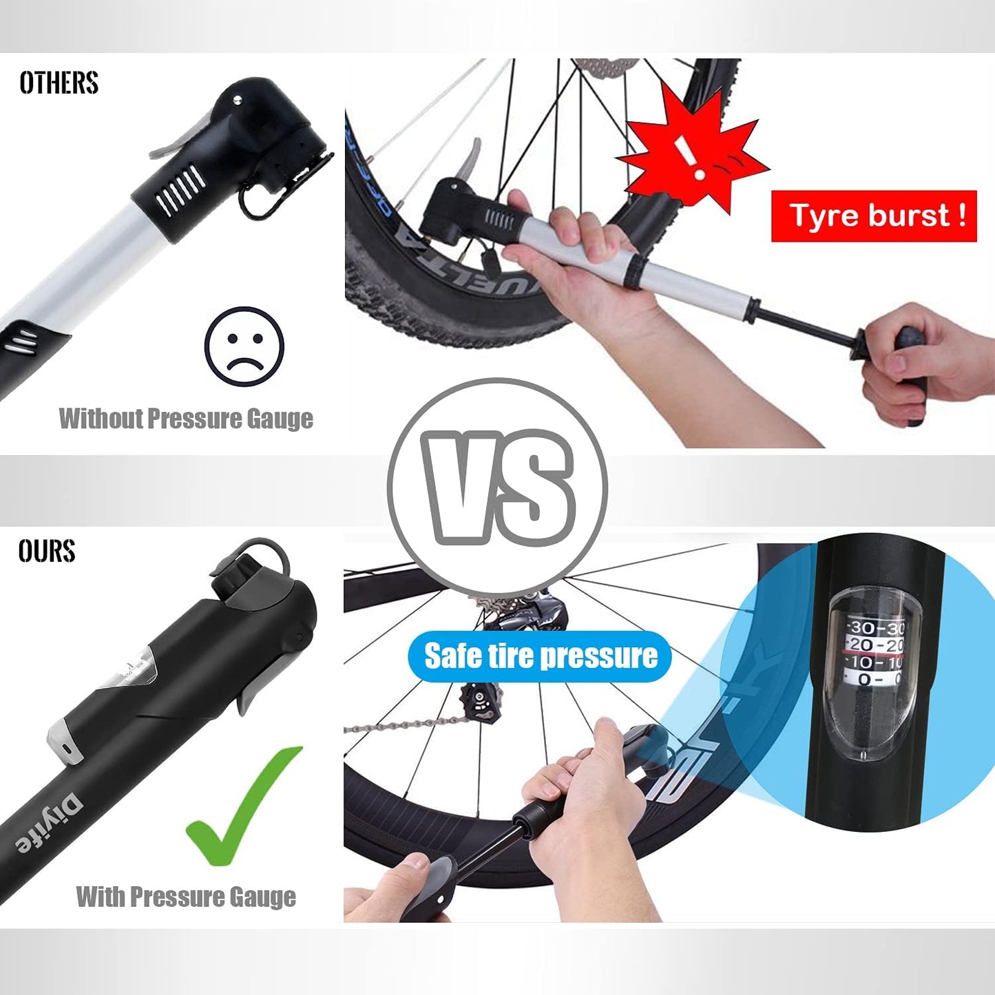 Bike Pump, [120 PSI][17in1] Diyife Bicycle Pump with Gauge, Mini Bike Frame Pump, Portable Bike Tire Pump with Needle, Patch Kit, Valve Cap, Mounting Bracket for Road Mountain Bike Fit Presta Schrader