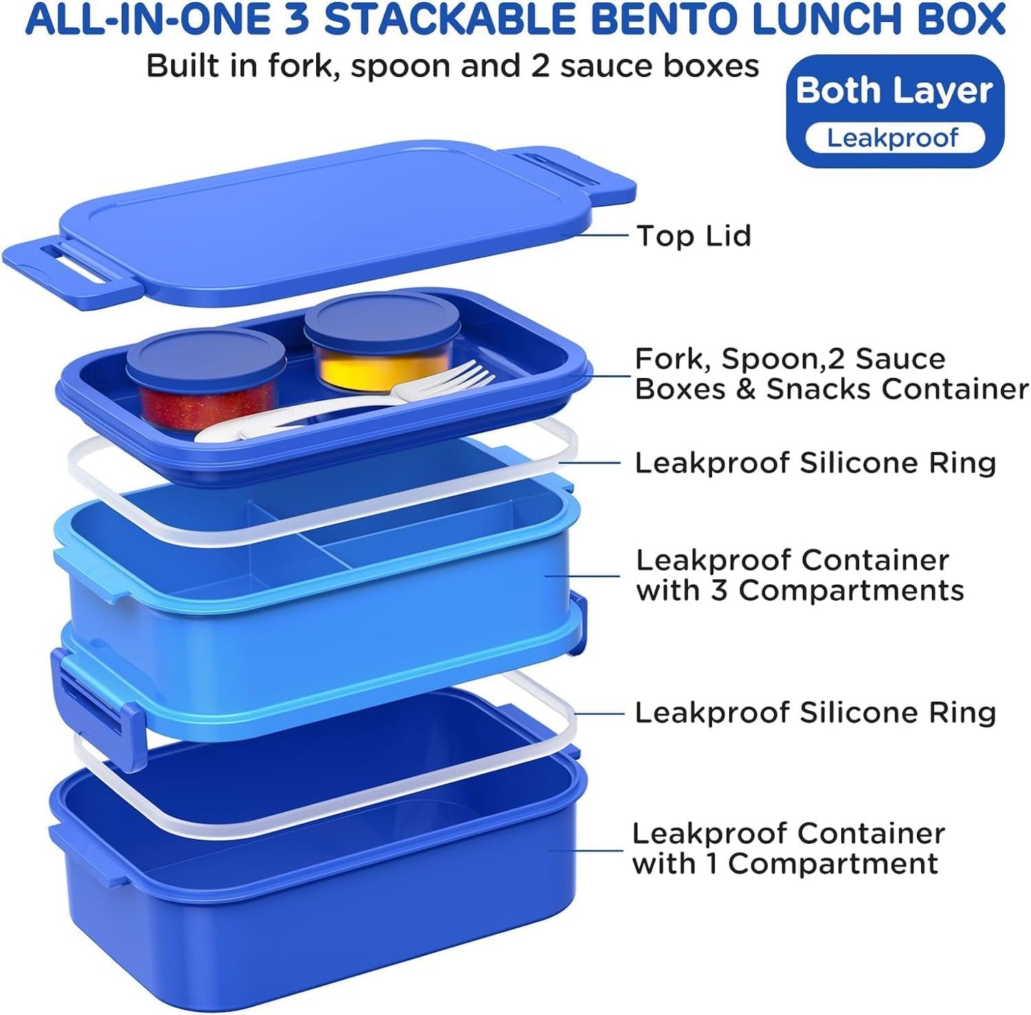JSCARES Lunch Box Adults Bento Box - All-in-One Stackable 74 OZ Lunch Box Containers for Adult Large Bento Box with Fork Spoon Sauce Boxes, Leakproof Lunchbox for Work School Dining Out (Green)