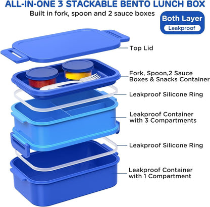 JSCARES Lunch Box Adults Bento Box - All-in-One Stackable 74 OZ Lunch Box Containers for Adult Large Bento Box with Fork Spoon Sauce Boxes, Leakproof Lunchbox for Work School Dining Out (Green)