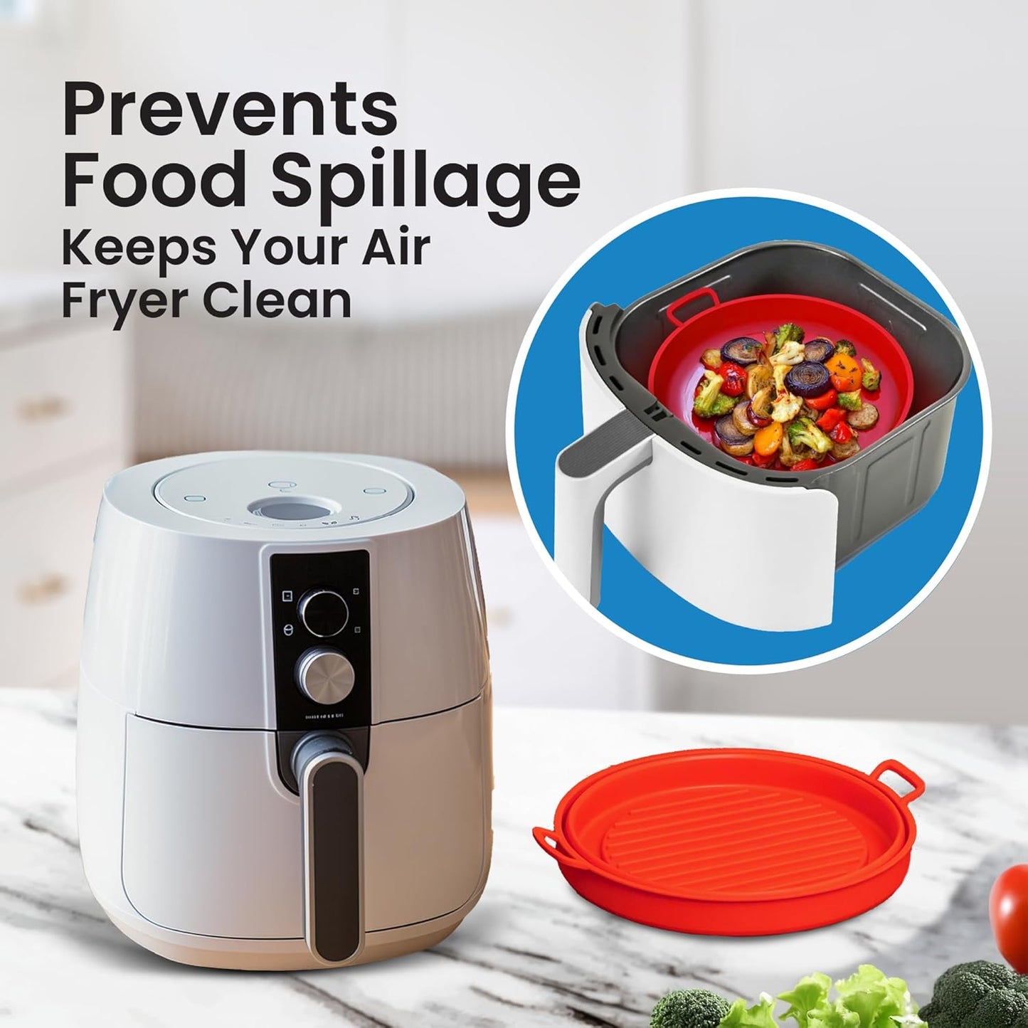 Collapsible Silicone Air Fryer Basket Liners Pot - AirFryer Liners Reusable Bowls for 5 Quart or Bigger - Air Fryer Accessories 2 Pack - Round Silicone Liners (Red & Black)