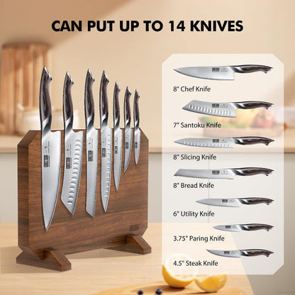 HOSHANHO Magnetic Knife Block 14 x 10 Inches, Double Sided Magnetic Knife Holder Rack for Kitchen Counter, Acacia Wood Magnetic Knife Storage Stand with Knife Sharpener