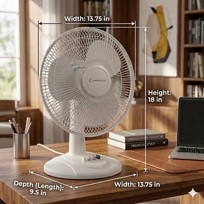 Comfort Zone 12" Oscillating Table Fan (White) – Quiet 3-Speed Fan for Bedroom, Office & Air Circulation
