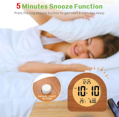 Plumeet Wooden Digital Alarm Clock for Bedrooms, Wood 4'' Battery Powered Alarm Clock with Snooze and Nightlight, Electronic LCD Desk Clock Display Time, Date, Temp, 12/24H, Wood Décor (Sapele, 3.2'')