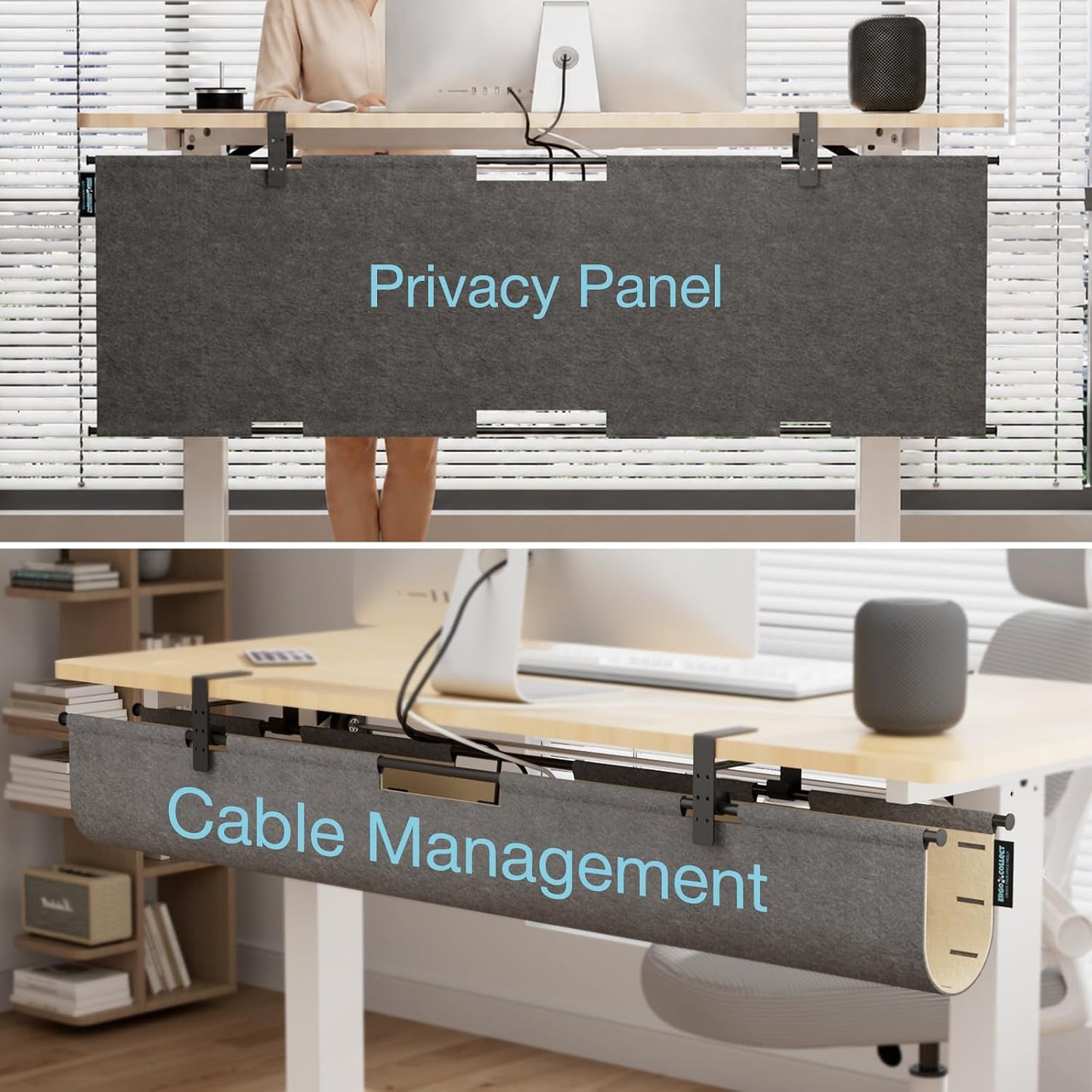 No Drill Under Desk Cable Management Tray, 45.2" Large Felt Cord Organizer with Pegboard-Style Design, Power Strip Holder, Privacy Panel for Standing Desk & Home Office, Clamp/Screw Mount(Gray/Khaki)