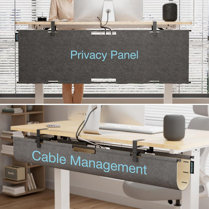 No Drill Under Desk Cable Management Tray, 45.2" Large Felt Cord Organizer with Pegboard-Style Design, Power Strip Holder, Privacy Panel for Standing Desk & Home Office, Clamp/Screw Mount(Gray/Khaki)