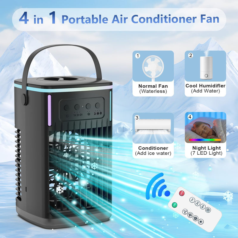 Portable Air Conditioners Fan with Remote, 4-in-1 Portable AC with 1500ml Water Tank, 3 Wind Speeds, 6H Timer, 2 Cool Mist, 7 Lights, Personal Mini Air Conditioner for Room Bedroom Office (Black)