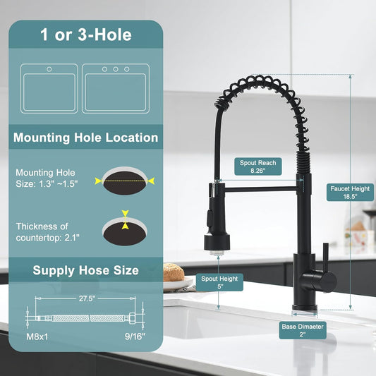 GIMILI Matte Black Kitchen Faucet with LED Light,Single Hole Spring Kitchen Sink Faucet with Pull Down Sprayer - PuriLite