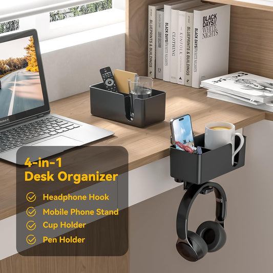 KDD 4-in-1 Desk Organizer with Rotating Headphone Hook, Detachable Storage for Cup, Phone, Pen – Under Desk Clamp Mount, Space-Saving Office & Gaming Accessory