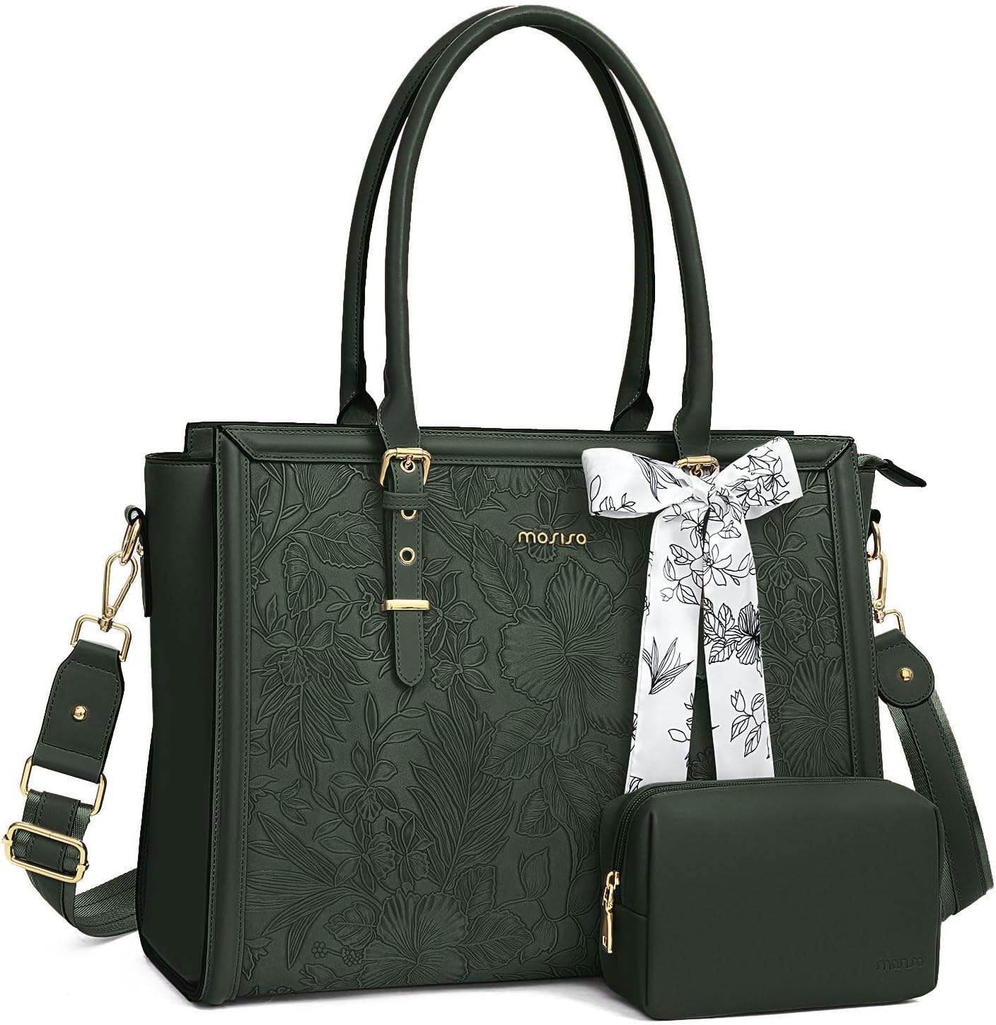 MOSISO Laptop Bag for Women, 17-17.3 inch PU Leathe Tote Bag Compatible with MacBook, HP, Dell, Asus Notebook, Front Embossed Retro Hibiscus Computer Bag with Silk Scarf&Clutch Purse, Gray - PuriLite