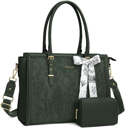 MOSISO Laptop Bag for Women, 17-17.3 inch PU Leathe Tote Bag Compatible with MacBook, HP, Dell, Asus Notebook, Front Embossed Retro Hibiscus Computer Bag with Silk Scarf&Clutch Purse, Gray - PuriLite