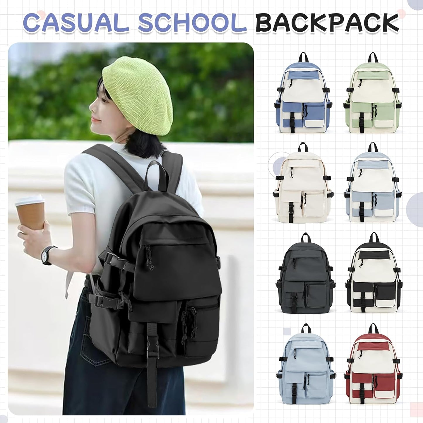 School Backpack for Women Men College High School Bags for Boys Girls Casual Daypack Laptop Backpack Waterproof Black Bookbag Travel Rucksack