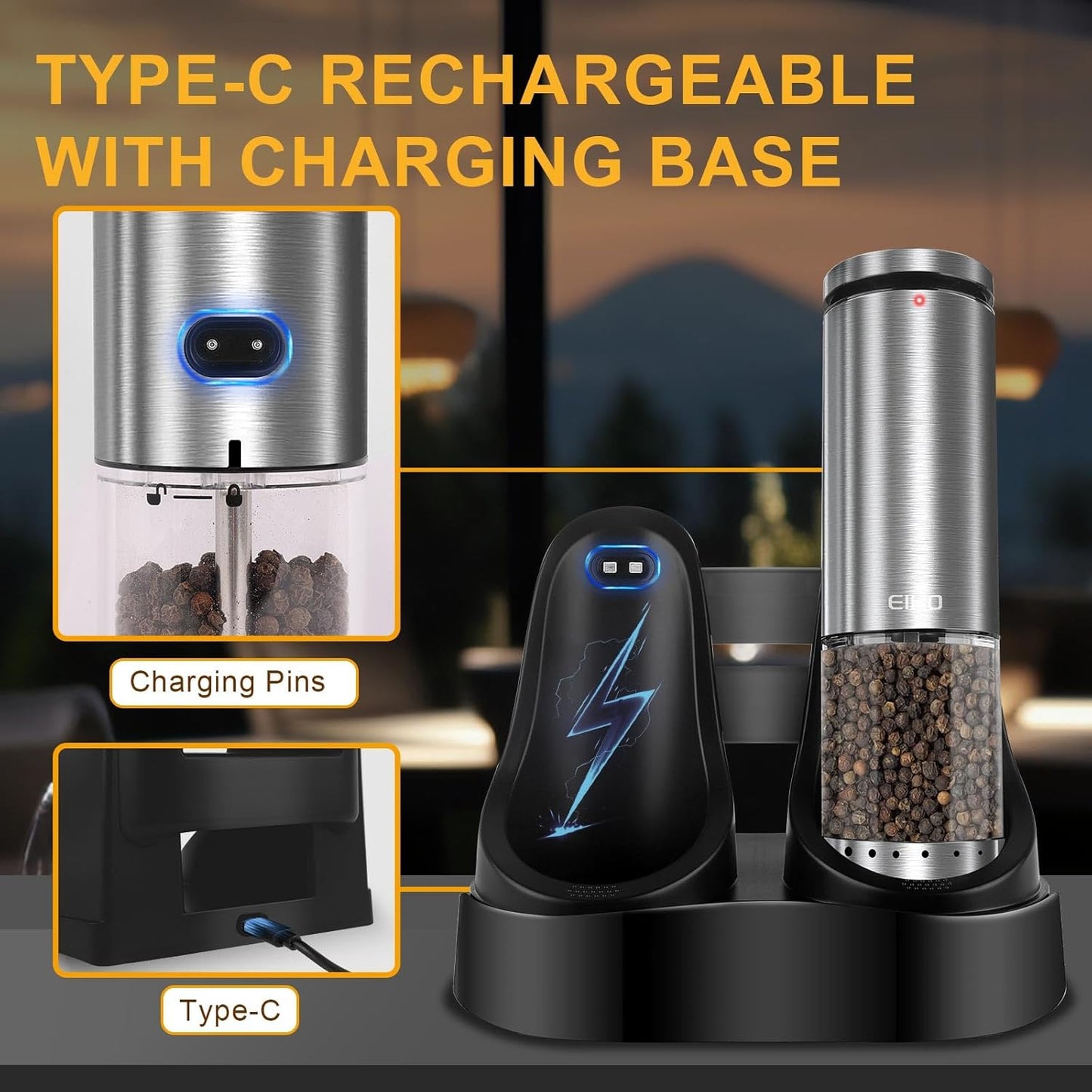 EIHO Electric Salt and Pepper Grinder Set USB Rechargeable, Upgraded External Adjustable Coarseness, Aluminum Alloy Automatic Salt and Pepper Shakers Mills with LED Light, House Warming Cooking Gifts