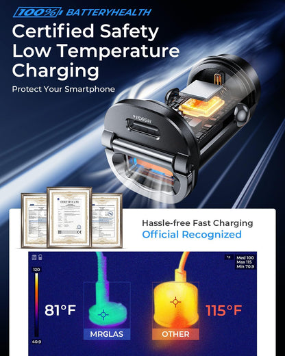【Upgraded】 125W Car Charger USB C Super Fast Charging, [PD65W & QC60W][All Metal] MRGLAS Cigarette Lighter Car Charger, Car Accessories for iPhone 17 16 Pro Max Air iPad Samsung S25 Pixel 10
