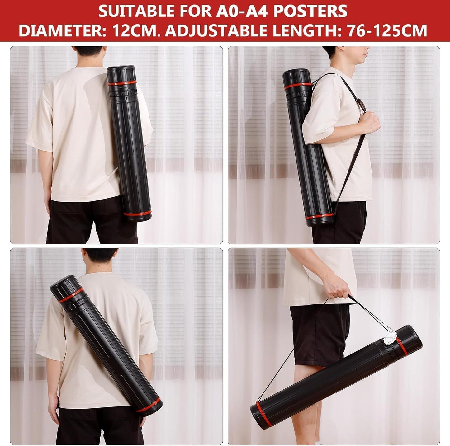 DEWEL Drawing Tube Blueprint Case Telescoping Art Tube Expands from 30”to 52”, Large Plastic Black Fishing Rods Storage Tube Waterproof and Light Resistant Poster Tube with Strap (XL Size)