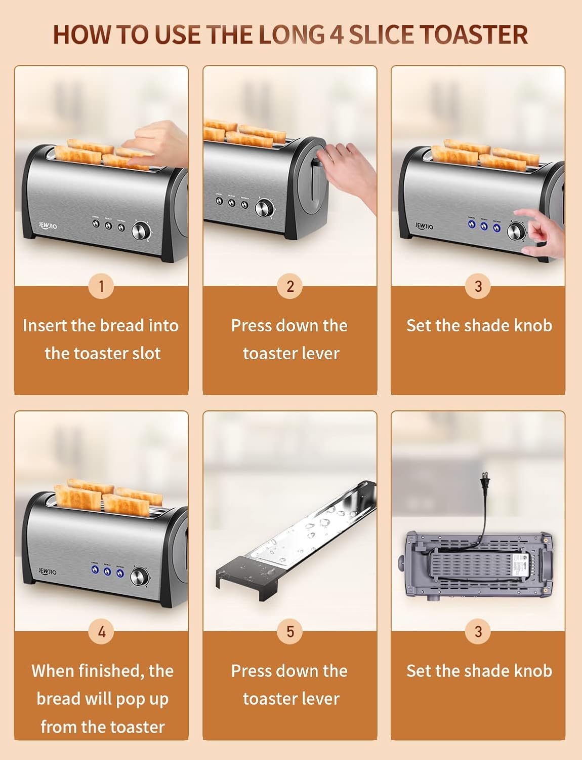 4-Slice Toaster with Extra-Wide 1.25" Slots & Independent Controls | 1300W for Fast, Even Heating | Defrost, Reheat, Cancel Functions | Removable Crumb Tray Brush Silver