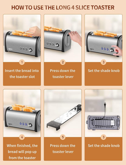 4-Slice Toaster with Extra-Wide 1.25" Slots & Independent Controls | 1300W for Fast, Even Heating | Defrost, Reheat, Cancel Functions | Removable Crumb Tray Brush Silver