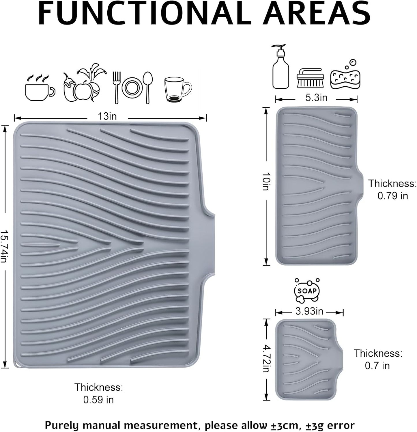 TIKNIK Silicone Dish Drying Mat for Kitchen Counter, Dish Drying Pad, Non-Slip Drain Pad with Built-in Drain, Heat Resistant Stone Drying Mat(40 L x 33 W cm, Grey)