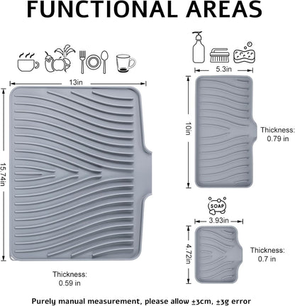 TIKNIK Silicone Dish Drying Mat for Kitchen Counter, Dish Drying Pad, Non-Slip Drain Pad with Built-in Drain, Heat Resistant Stone Drying Mat(40 L x 33 W cm, Grey)