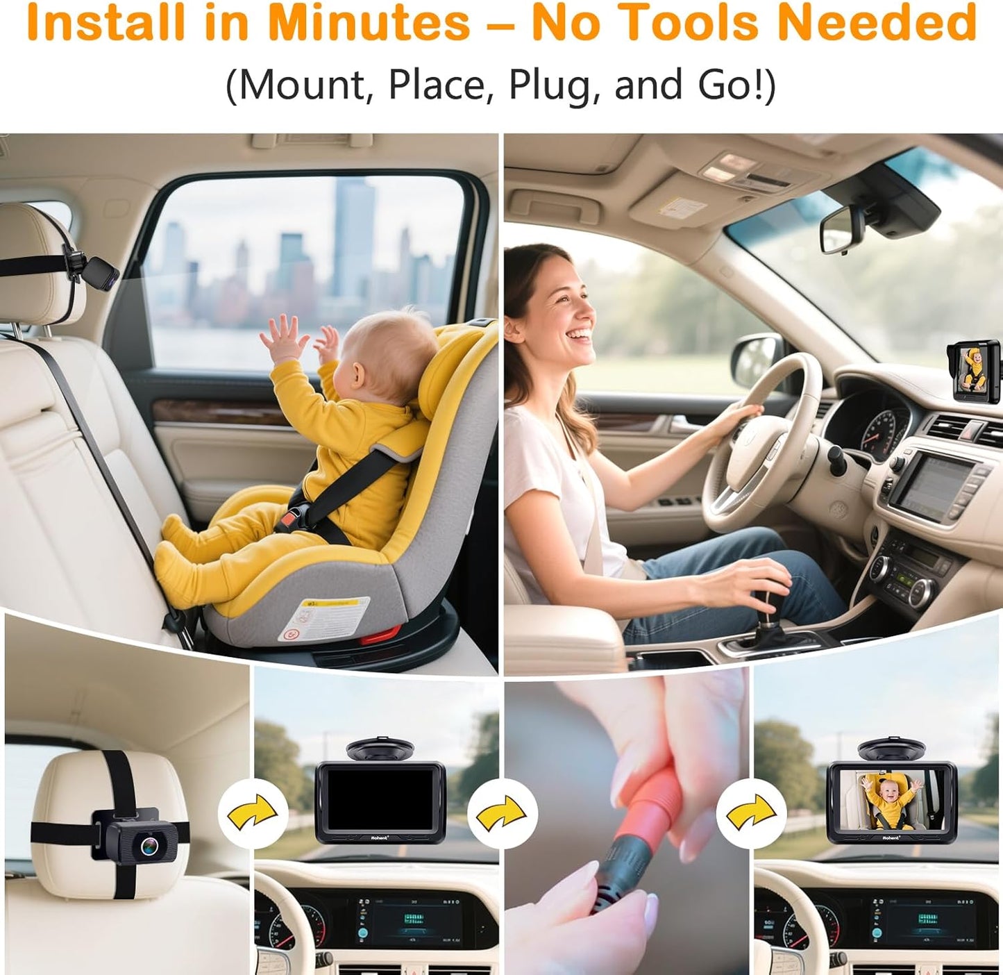 Rohent Baby Car Camera HD 1080P - Rear-Facing Infant Monitor with Night Vision Car Camera for Baby 150° Wide-Angle Lens Anti-Glare Screen Easy Install 360° Adjustable Display