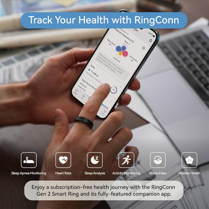 RingConn Gen 2 Smart Ring, No App Subscription, Size First with Sizing Kit, 12-Day Battery Life, Stress/Women's Health Tracker, Compatible with Android & iOS (Black, Size 8)