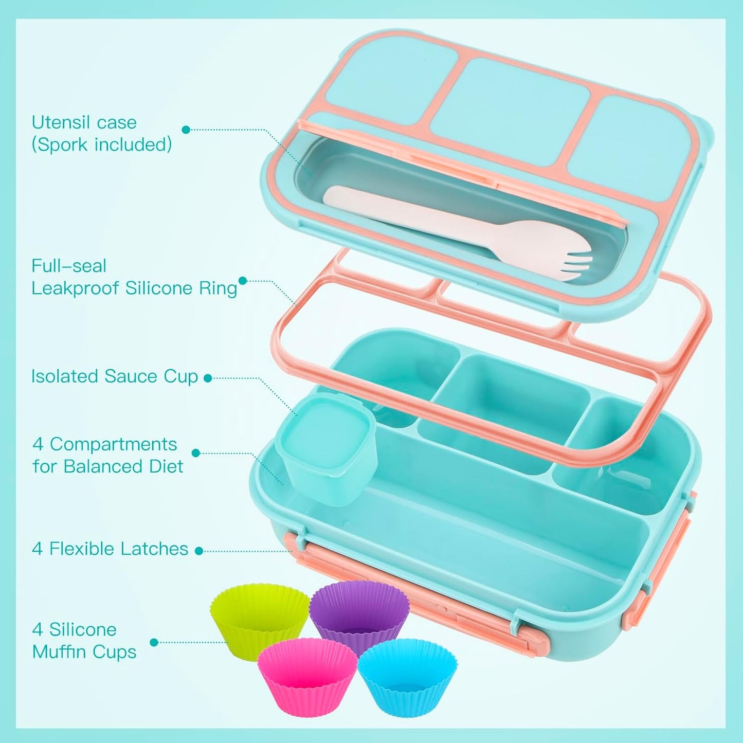 MaMix Bento Lunch Box Adult, Kids, Lunch Containers for Adults/Kids/Students,1300ML-4 Compartment (Blue)