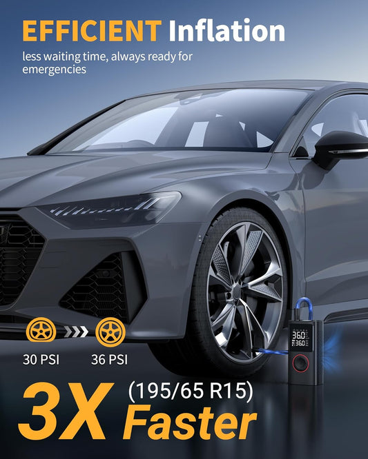 Powools Tire Inflator Portable Air Compressor, 150 PSI Cordless Mini Bike Tire Pump, Air Pump for Auto, Motorcycle, Bicycle, Balls with Pressure Gauge&LED Light, Black, 8.89 X 4.75 X 13.79 CM