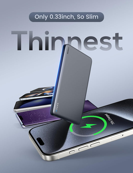 RORRY for Magsafe Power Bank, 5000mAh [Ultra Slim] Magnetic Portable Charger, [Alloy Built] USB C Wireless Battery Pack Fast Charging, Travel Essentials for iPhone16 15 14 13 12, Glacier Grey