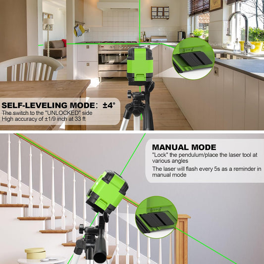 Huepar Green Cross Line Laser Level with 40in Tripod, Self-Leveling Within 4 Indoor Laser Leveler Tool, 100Ft Max Working Range in Low Light, for Picture Hanging, Tile Installation, Home Renovation