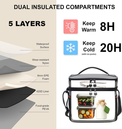 EVERFUN Cooler Bag Insulated Beach Cooler Lunch Bag Box for Men Women Dual Compartments Collapsible Waterproof Leak-Proof for Travel Work Picnic