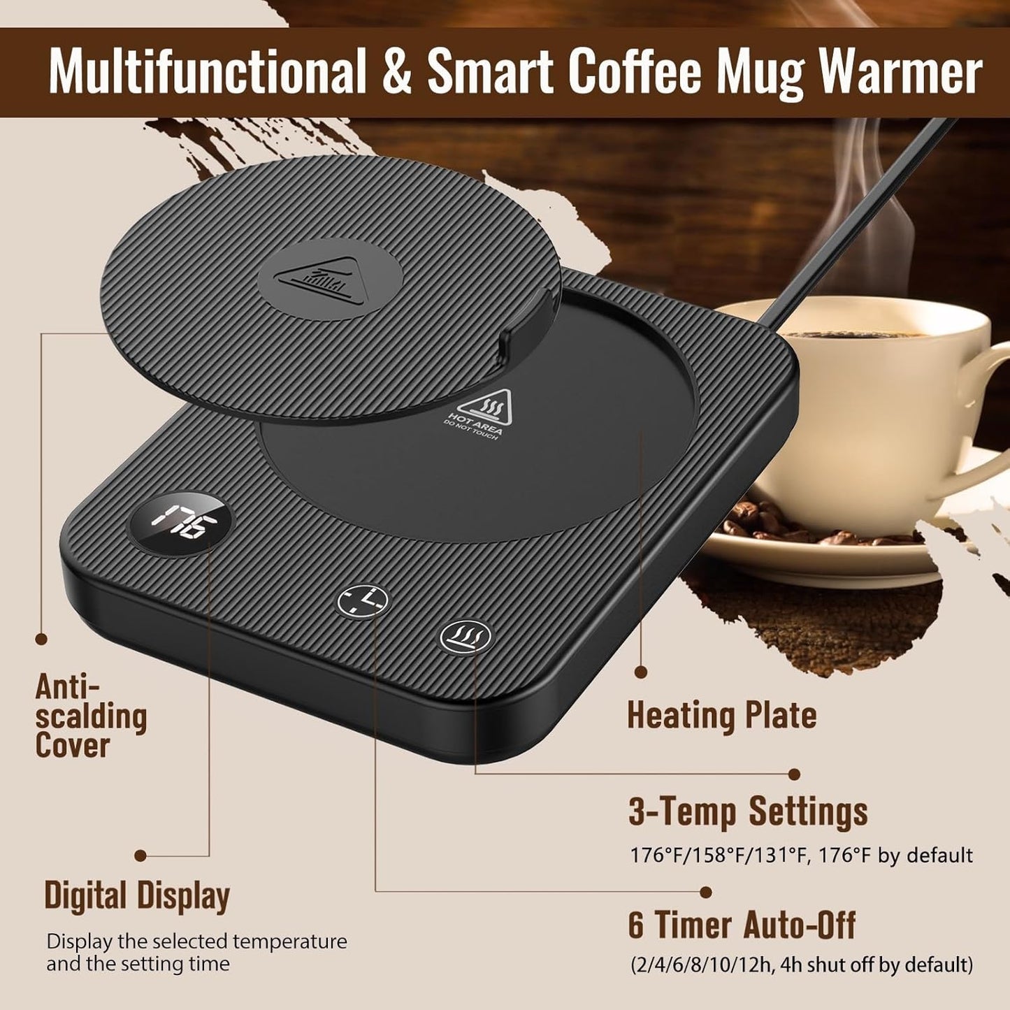 Mug Warmer, Coffee Mug Warmer with 3-Temp Settings, Auto Shut-Off Coffee Warmer, Anti-Scalding Waterproof Mug Warmer for Desk, Black Cup Warmer Display Status, Coffee Warmer for Desk for Coffee Milk
