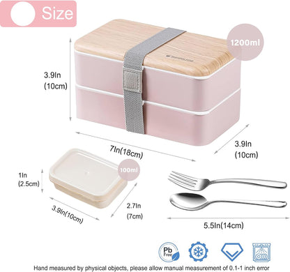 Original Bento Box Lunch Boxes Container Bundle Divider Japanese Style with Stainless Steel Utensils Spoon and Fork (Pink)