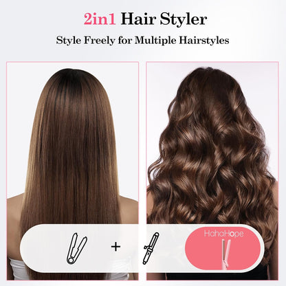 Hahahope Airflow 2 in 1 Straightener and Curler- 360° Airflow Styler Curling Iron, 1.25" Flat Iron Hair Straightener and Curler 2 in 1 for Short Long Hair, 5 Temps,Dual Voltage,Pink