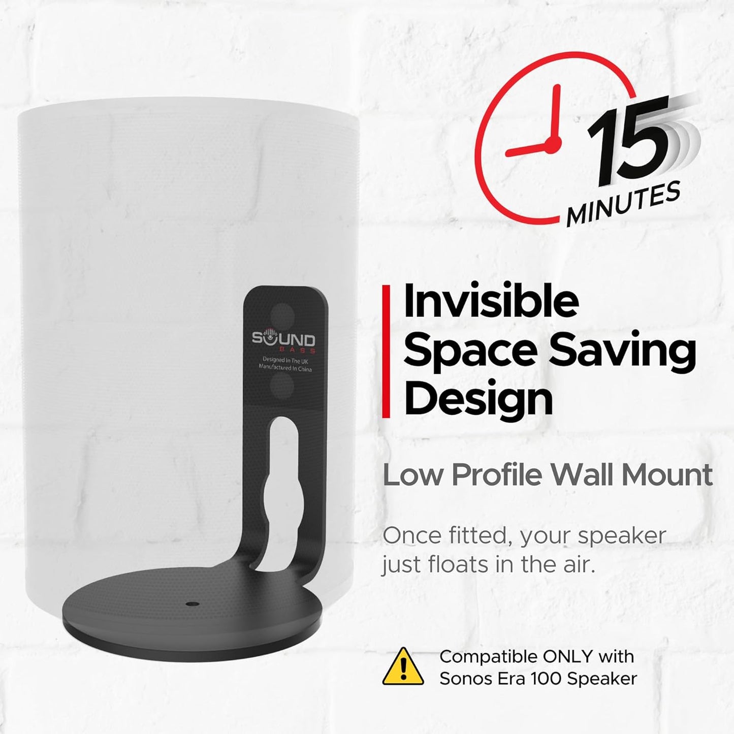 ERA100 Wall Mount Bracket, Low Profile, White, Single Unit, Compatible with Sonos ERA 100 Speaker, Complete with All Fixing Hardware