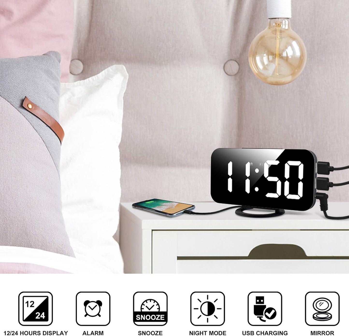 Digital Alarm Clock,Large LED Mirror Display, 2 USB Charging Ports，Auto Dim Mode，Modern Design Clock for Bedroom Office, White