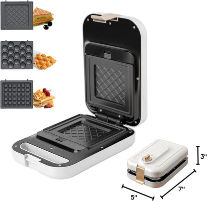 White 3 in 1 timing Sandwich Maker with Non-Stick Plates Indicator Lights and Lock Feature 600W Electric Panini Press, Pizza Pockets, Quesadillas, Waffle Breakfast Grilled Cheese Egg Bacon