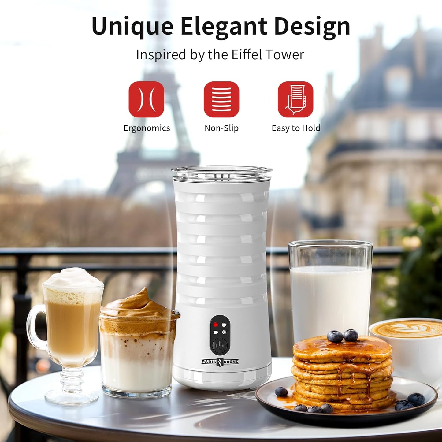 Paris Rhône Milk Frother, 4-in-1 Milk Steamer and Frother, Hot & Cold Foam Milk Warmer with Temperature Control