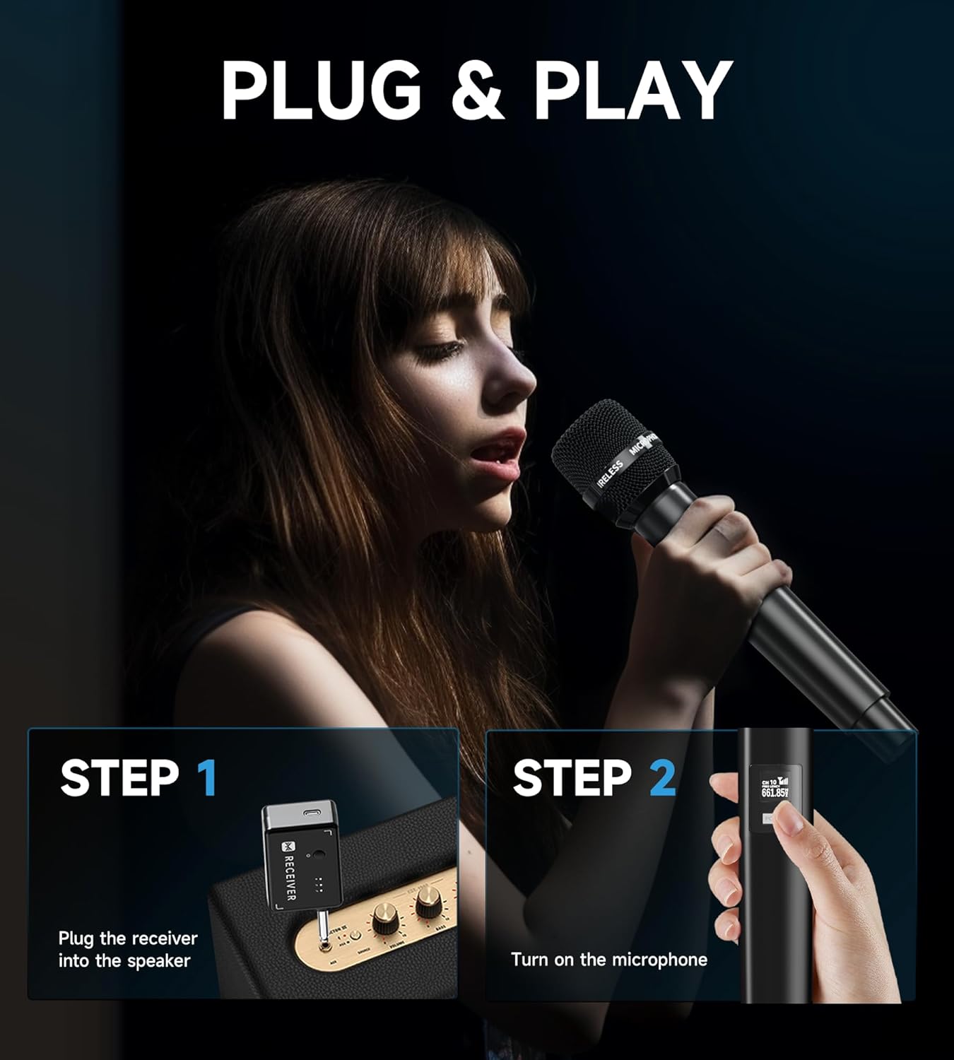 Wireless Microphone, Wireless Mic with One-to-One Chip Connection, 40H Rechargeable Battery, 200FT Range, Plug and Play, Ergonomic Design,Less Latency Microphone for Singing, Speech, Party