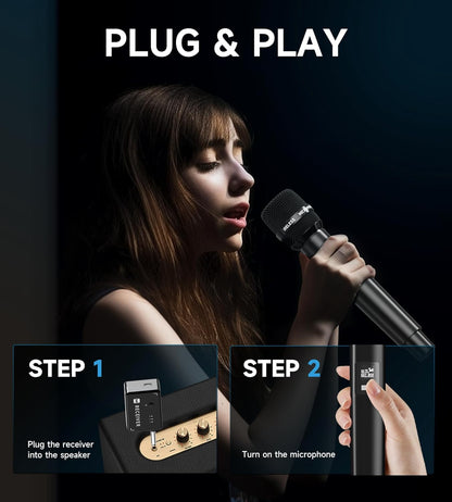 Wireless Microphone, Wireless Mic with One-to-One Chip Connection, 40H Rechargeable Battery, 200FT Range, Plug and Play, Ergonomic Design,Less Latency Microphone for Singing, Speech, Party