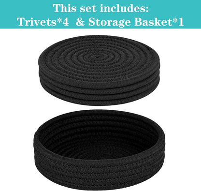 Cazzon Cotton Trivets for Hot Dishes 4-Pack with Storage Basket, Heat-Resistant Pot Holders and Hot Pads for Countertops, Round Cooking Mats, Black - PuriLite