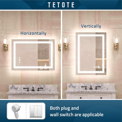 TETOTE LED Bathroom Mirror 20x28 Frontlit & Backlit Lighted Vanity Mirror Anti Fog Stepless Dimmable 3 Colors White/Warm/Natural,Double Lights,Wall-Mounted(Horizontal/Vertical)