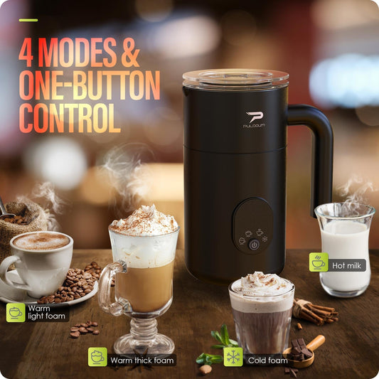 Milk Frother, Electric Milk Frother and Steamer 4 in 1 Automatic Coffee Steamer Frother, 11.8OZ / 350ML Warm and Cold Foam Frother for Coffee,Latte, Cappuccino, Macchiato, Hot Chocolate (Black) - PuriLite