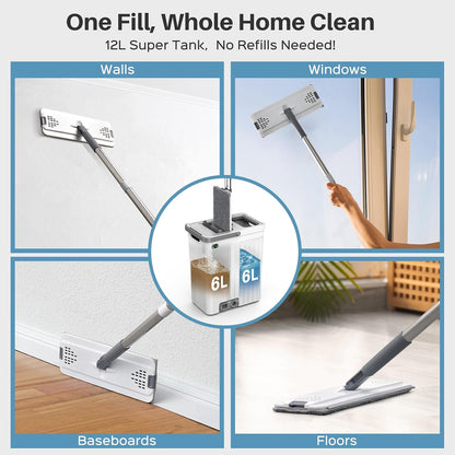 Mop and Bucket Set with AUTO Pump, 3-Zone Separate Dirty and Clean Water, Flat Mop and Bucket System with Wringer and Wheels, 4 Reusable Microfiber Pads, One-Touch Water Filling for Home Cleaning