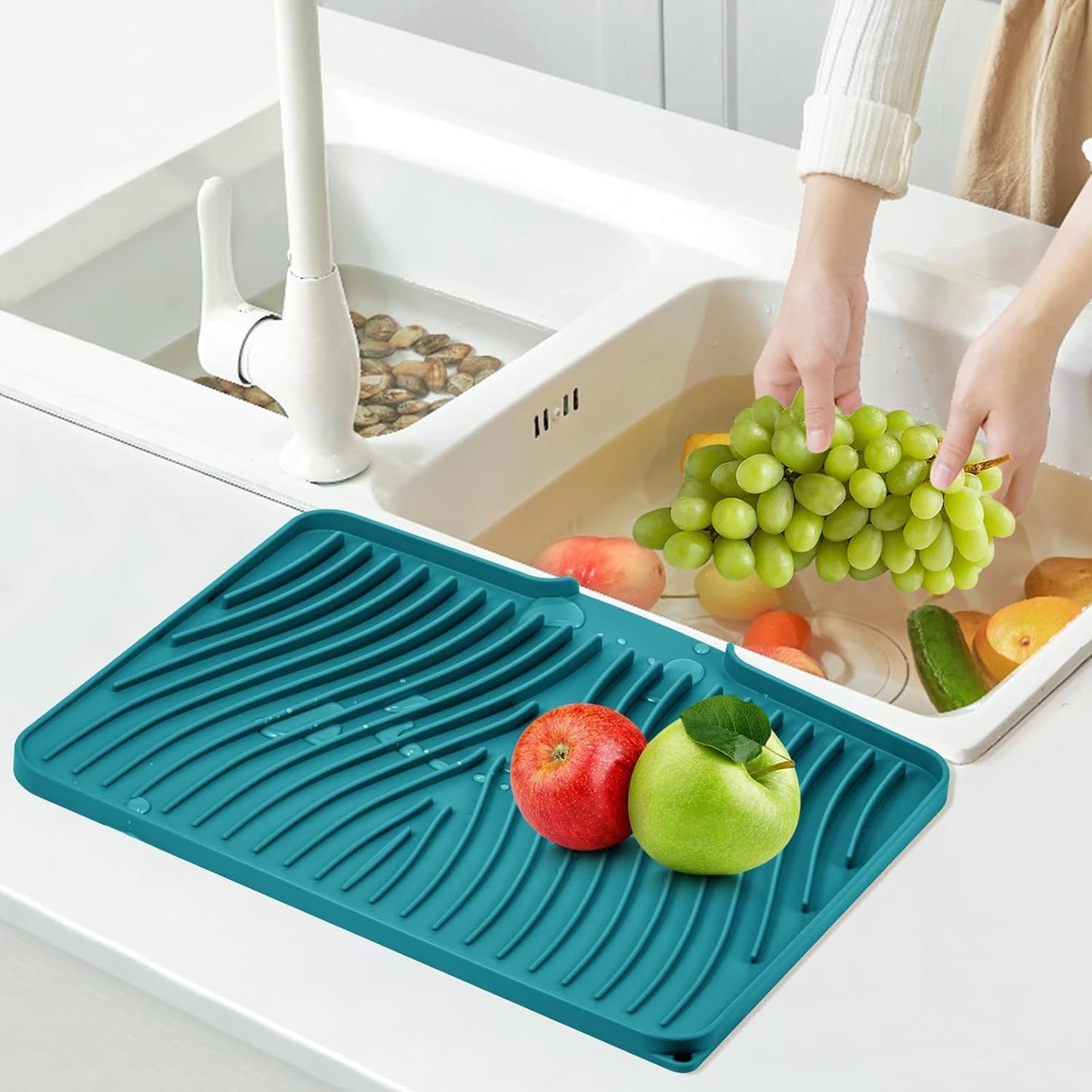 TIKNIK Silicone Dish Drying Mat for Kitchen Counter, Dish Drying Pad, Non-Slip Drain Pad with Built-in Drain, Heat Resistant Stone Drying Mat(40 L x 33 W cm, Grey)