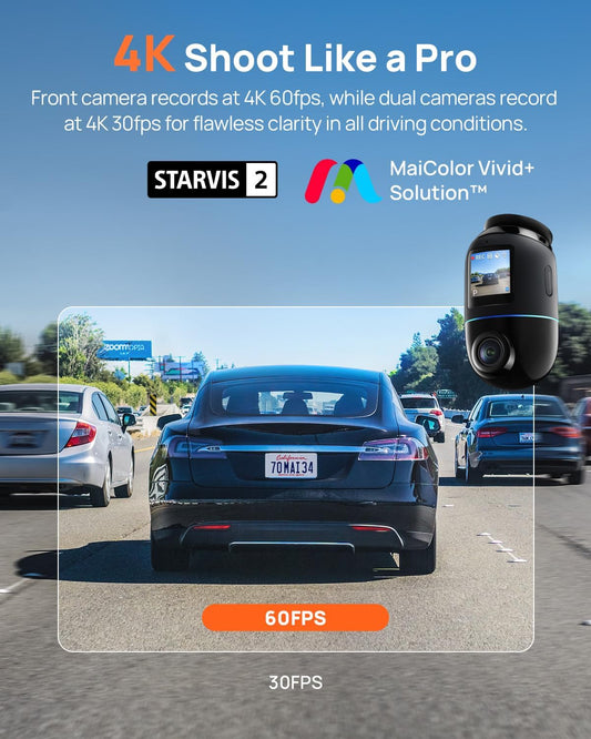 70mai Dual Dash Cam Front and Rear 4K, Car Camera for Cars with Sony IMX678 Sensor, STARVIS 2 Night Vision, AI Motion Detection, ADAS, Wi-Fi 6, Parking Monitor, Voice Control (4K Omni X800) - PuriLite