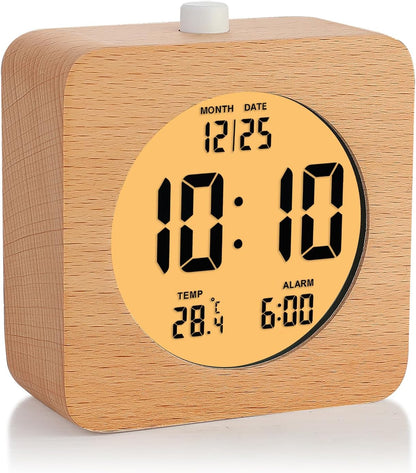 Plumeet Wooden Digital Alarm Clock for Bedrooms, Wood 4'' Battery Powered Alarm Clock with Snooze and Nightlight, Electronic LCD Desk Clock Display Time, Date, Temp, 12/24H, Wood Décor (Sapele, 3.2'')