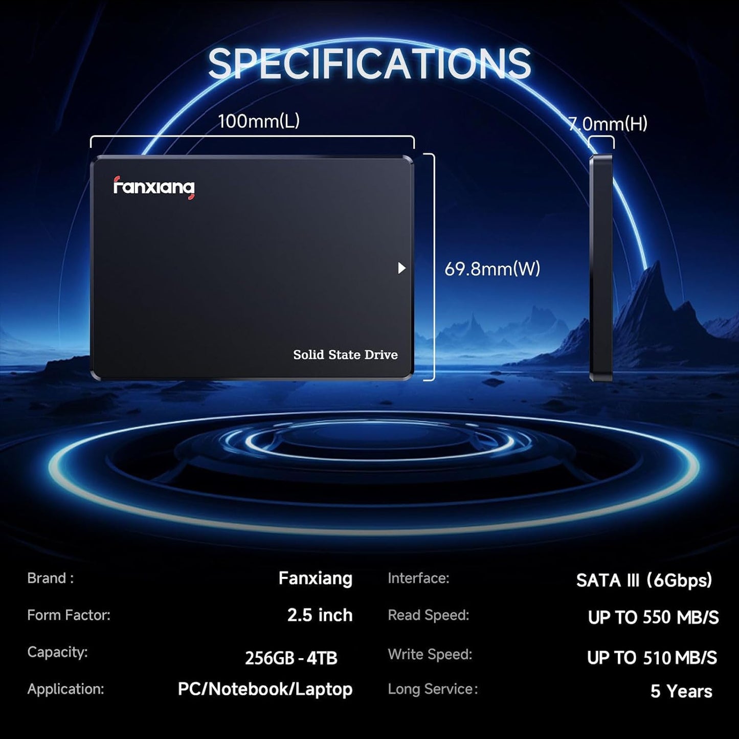 fanxiang S101Q SSD 1TB 2.5'' SATA III 6Gb/s, Internal Solid State Drive Up to 560MB/s SLC Cache for Laptop and PC Desktop 7mm(0.28″)
