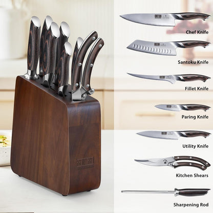 HOSHANHO Magnetic Knife Block 14 x 10 Inches, Double Sided Magnetic Knife Holder Rack for Kitchen Counter, Acacia Wood Magnetic Knife Storage Stand with Knife Sharpener